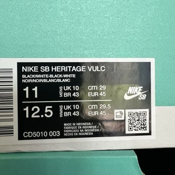 Nike SB Heritage Vulc Black White Skate Sneaker Shoes CD5010-003 Men's Size 11