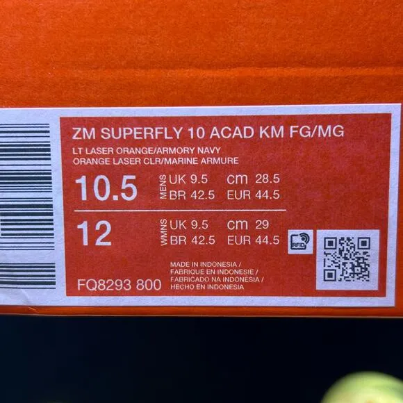 Nike Zoom Superfly 10 Academy Km Fg/Mg Kylian Mbappe Orange Sz 10.5 [FQ8293-800]