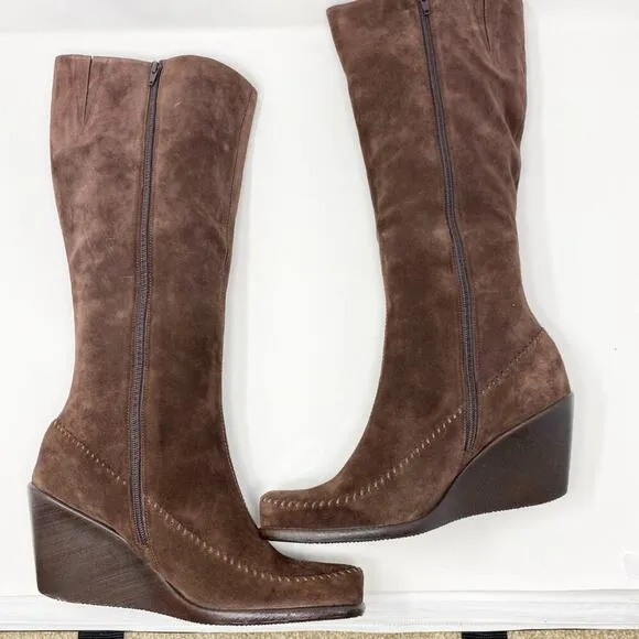 NWOB Aerosoles Brown Suede Wedge Heel Tall Boots Women's Size 12