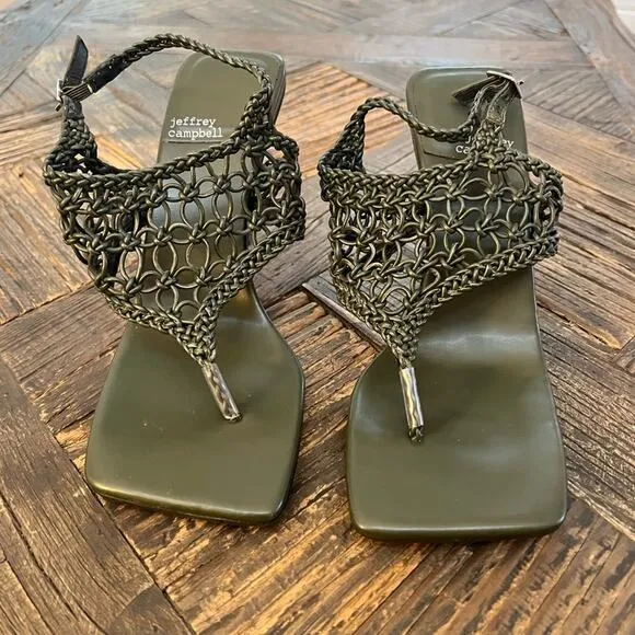 NWOT Jeffrey Campbell Millenia Woven Thong Heel Slingback Green Sandals Sz 8