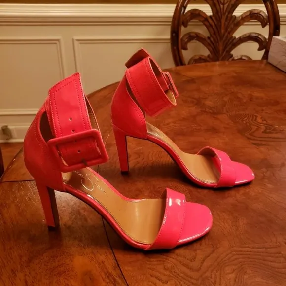 NWOT Jessica Simpson Genuine Leather Neon Pink Ankle Strap Sandal Shoes Heels