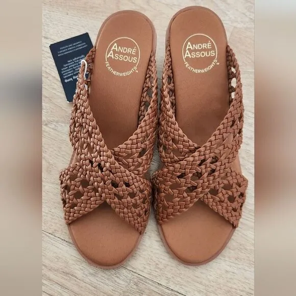 NWT Andre Assous Woven Slip-on Wedge Tan Sandals Size 8