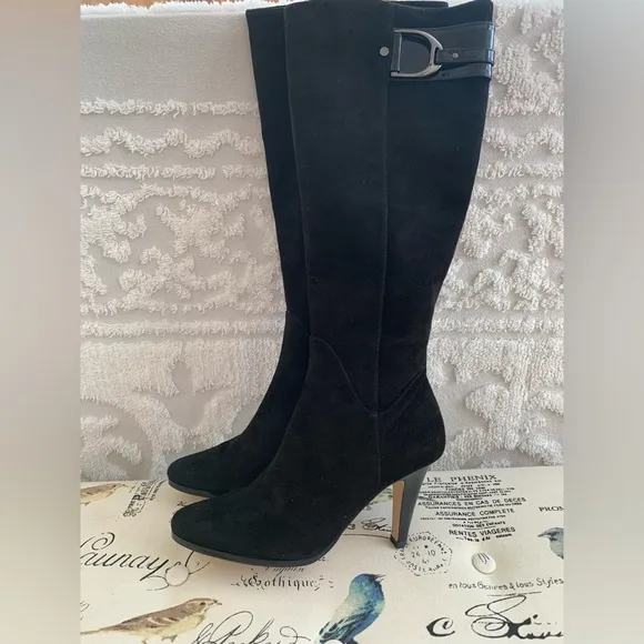 NWT Cole Haan &amp; Nike Black Suede/Patent Leather Hi-Heel Tall Boots Buckle Zip 10