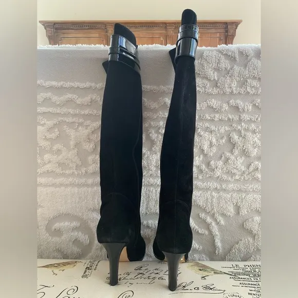 NWT Cole Haan &amp; Nike Black Suede/Patent Leather Hi-Heel Tall Boots Buckle Zip 10