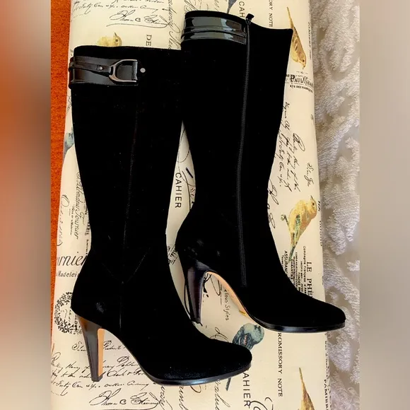 NWT Cole Haan &amp; Nike Black Suede/Patent Leather Hi-Heel Tall Boots Buckle Zip 10