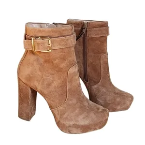 NWT Express Genuine Suede Leather Buckle Block Heel Tan Boots size 7