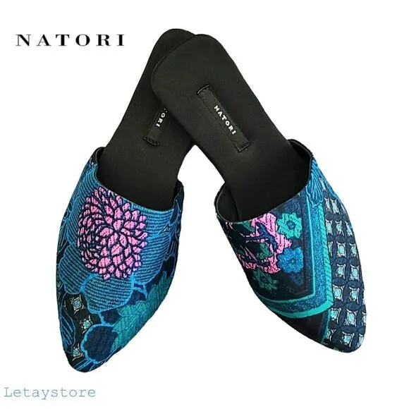 NWT NATORI Velvet Mule Floral Embroidered Slippers