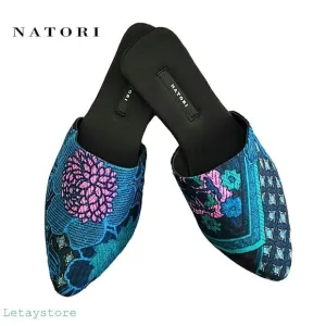 NWT NATORI Velvet Mule Floral Embroidered Slippers