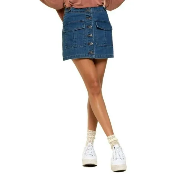 NWT POL Button Front Two Flap Pockets Denim Mini Jean Skirt