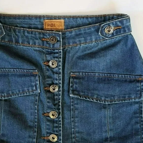 NWT POL Button Front Two Flap Pockets Denim Mini Jean Skirt