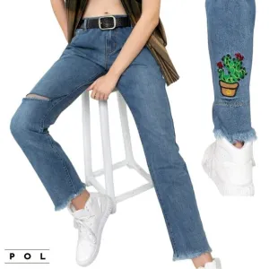 NWT POL Distressed Raw Hem with Cactus Embroidery Denim Jeans