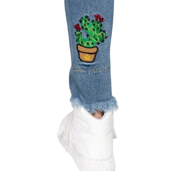 NWT POL Distressed Raw Hem with Cactus Embroidery Denim Jeans