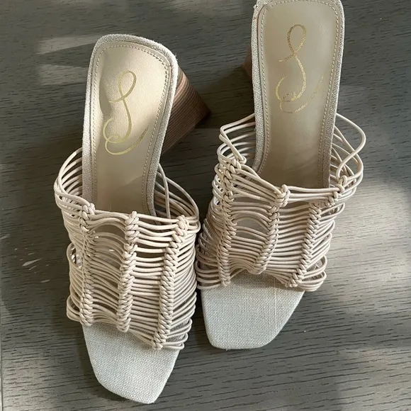 NWT SAM EDELMAN | CREAM LAURETTE WOVEN FAUX LEATHER SUMMER MULE HEELS | SIZE 8