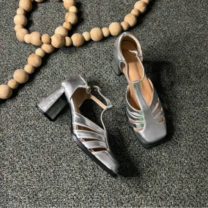 NWT Strappy Metallic Silver Square-Toe Mary Jane Chunky Heeled T-Bar Shoes 7.5