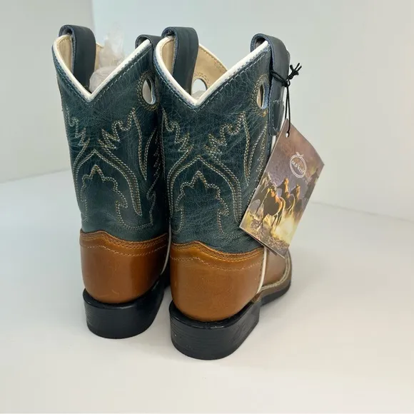 Old West Leather Cowboy Brown Black Square Toe Boots Western Unisex Kids 7