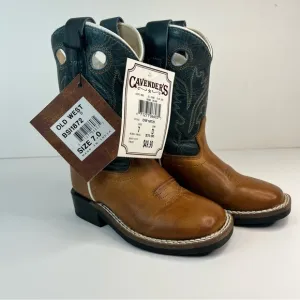 Old West Leather Cowboy Brown Black Square Toe Boots Western Unisex Kids 7