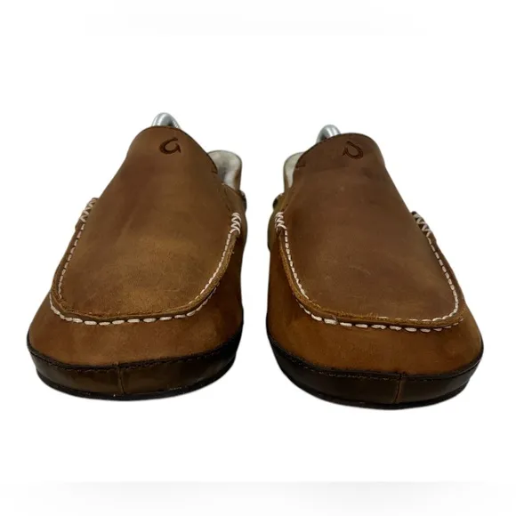 OluKai Mens Moloa Slipper US 8 Brown Leather Sherpa Slip On Shoes Fur Sheep