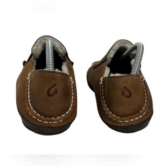 OluKai Mens Moloa Slipper US 8 Brown Leather Sherpa Slip On Shoes Fur Sheep