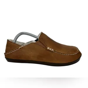 OluKai Mens Moloa Slipper US 8 Brown Leather Sherpa Slip On Shoes Fur Sheep