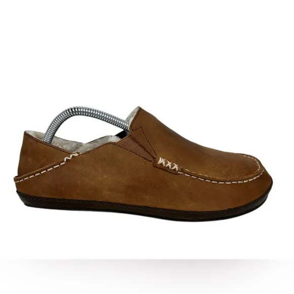 OluKai Mens Moloa Slipper US 8 Brown Leather Sherpa Slip On Shoes Fur Sheep