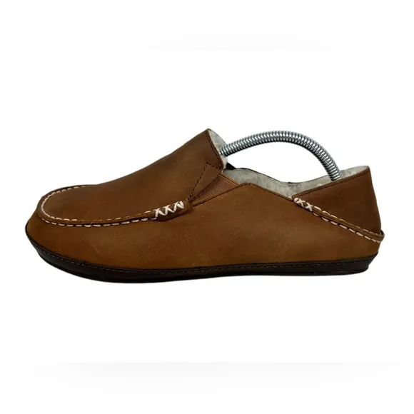 OluKai Mens Moloa Slipper US 8 Brown Leather Sherpa Slip On Shoes Fur Sheep