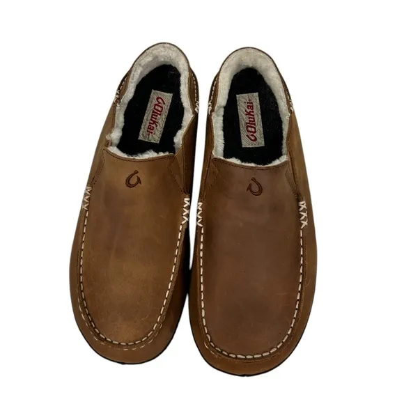 OluKai Mens Moloa Slipper US 8 Brown Leather Sherpa Slip On Shoes Fur Sheep