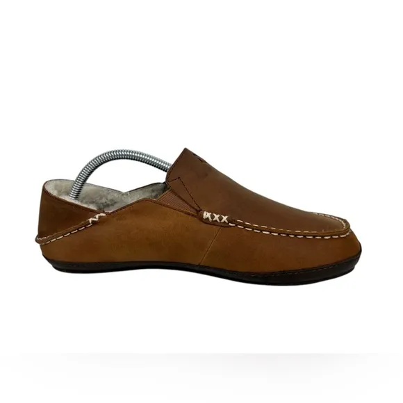 OluKai Mens Moloa Slipper US 8 Brown Leather Sherpa Slip On Shoes Fur Sheep