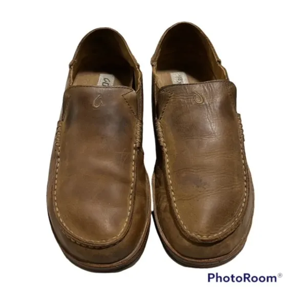 Olukai Mens US Sz 10M Moloa Brown Leather Slip On Loafer Shoes