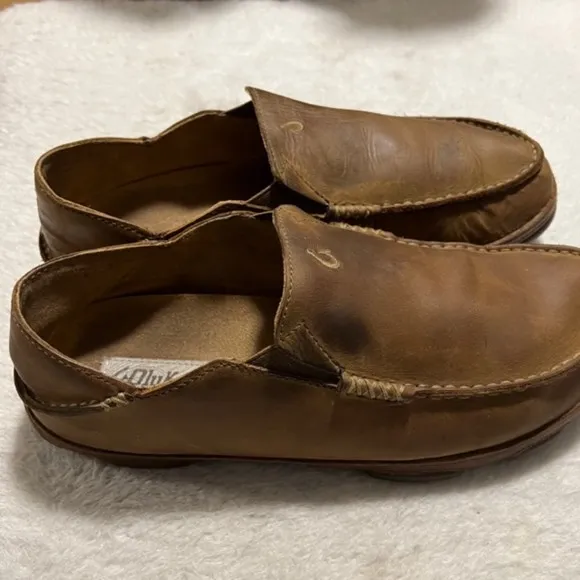 Olukai Mens US Sz 10M Moloa Brown Leather Slip On Loafer Shoes