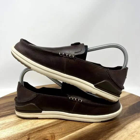 Olukai Men's 7 (EU 40) Kakaha Fox Dark Java Brown Leather Slip-on Loafer Shoes