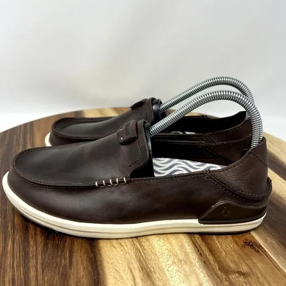 Olukai Men's 7 (EU 40) Kakaha Fox Dark Java Brown Leather Slip-on Loafer Shoes