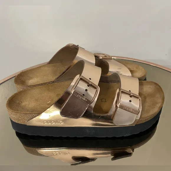 Papillio Birkenstock Arizona Metallic Copper Platform Sandals Sz 41 US 10