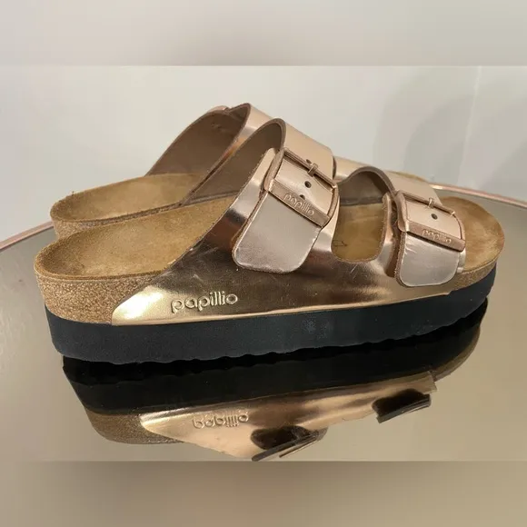 Papillio Birkenstock Arizona Metallic Copper Platform Sandals Sz 41 US 10