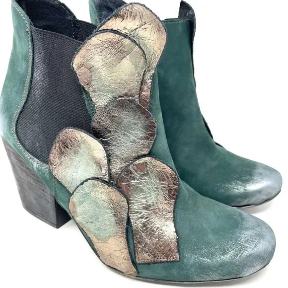 Papucei Adeline Handmade Green Leather Heeled Pull On Ankle Boots Size 37