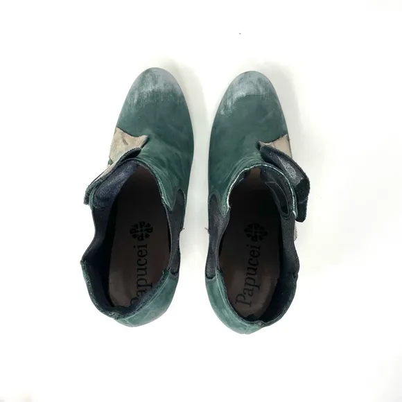 Papucei Adeline Handmade Green Leather Heeled Pull On Ankle Boots Size 37