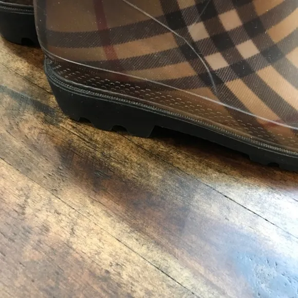 Plaid Knee-High Rain Boots Burberry Rubber Boots Leather Trim Top Size 37