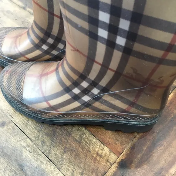 Plaid Knee-High Rain Boots Burberry Rubber Boots Leather Trim Top Size 37