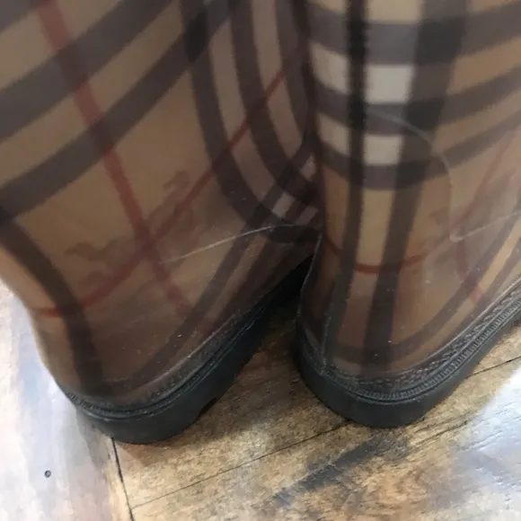 Plaid Knee-High Rain Boots Burberry Rubber Boots Leather Trim Top Size 37