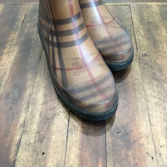 Plaid Knee-High Rain Boots Burberry Rubber Boots Leather Trim Top Size 37
