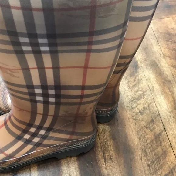 Plaid Knee-High Rain Boots Burberry Rubber Boots Leather Trim Top Size 37