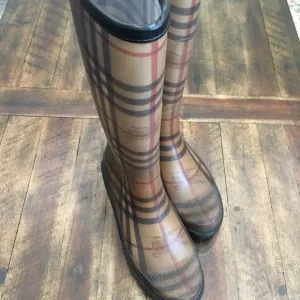 Plaid Knee-High Rain Boots Burberry Rubber Boots Leather Trim Top Size 37