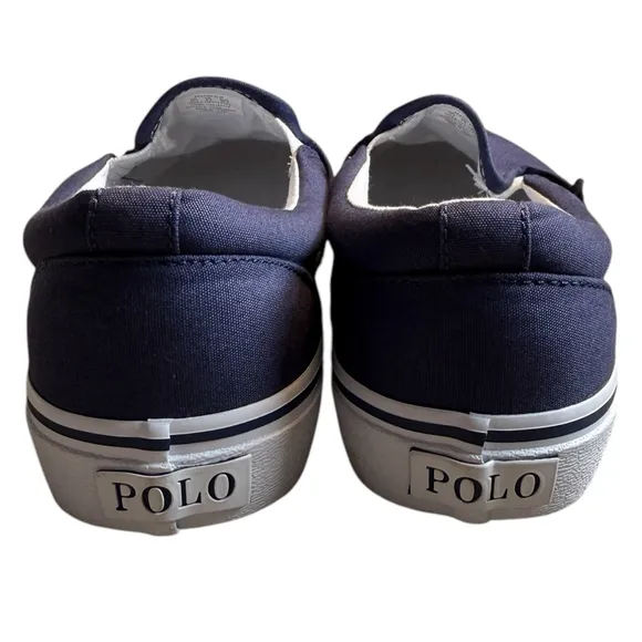 Polo Ralph Lauren Navy Blue Keaton Canvas Slip on Madras Bear Deck Shoes 10.5