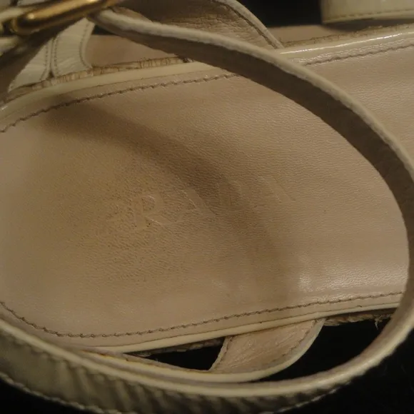 Prada Ankle Strap Low Wedge Beige Sandals 38.5