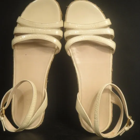 Prada Ankle Strap Low Wedge Beige Sandals 38.5