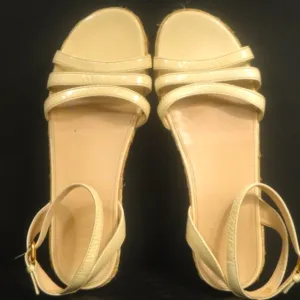 Prada Ankle Strap Low Wedge Beige Sandals 38.5