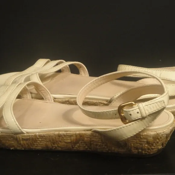 Prada Ankle Strap Low Wedge Beige Sandals 38.5