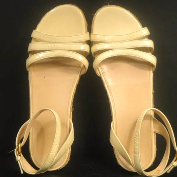 Prada Ankle Strap Low Wedge Beige Sandals 38.5