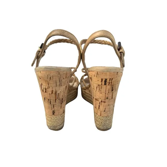 PRADA Beige Woven Leather Bow Detail Strappy Cork Wedge Platform Sandals Womens