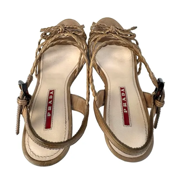 PRADA Beige Woven Leather Bow Detail Strappy Cork Wedge Platform Sandals Womens