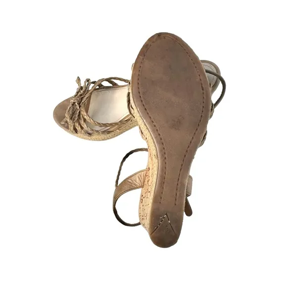 PRADA Beige Woven Leather Bow Detail Strappy Cork Wedge Platform Sandals Womens